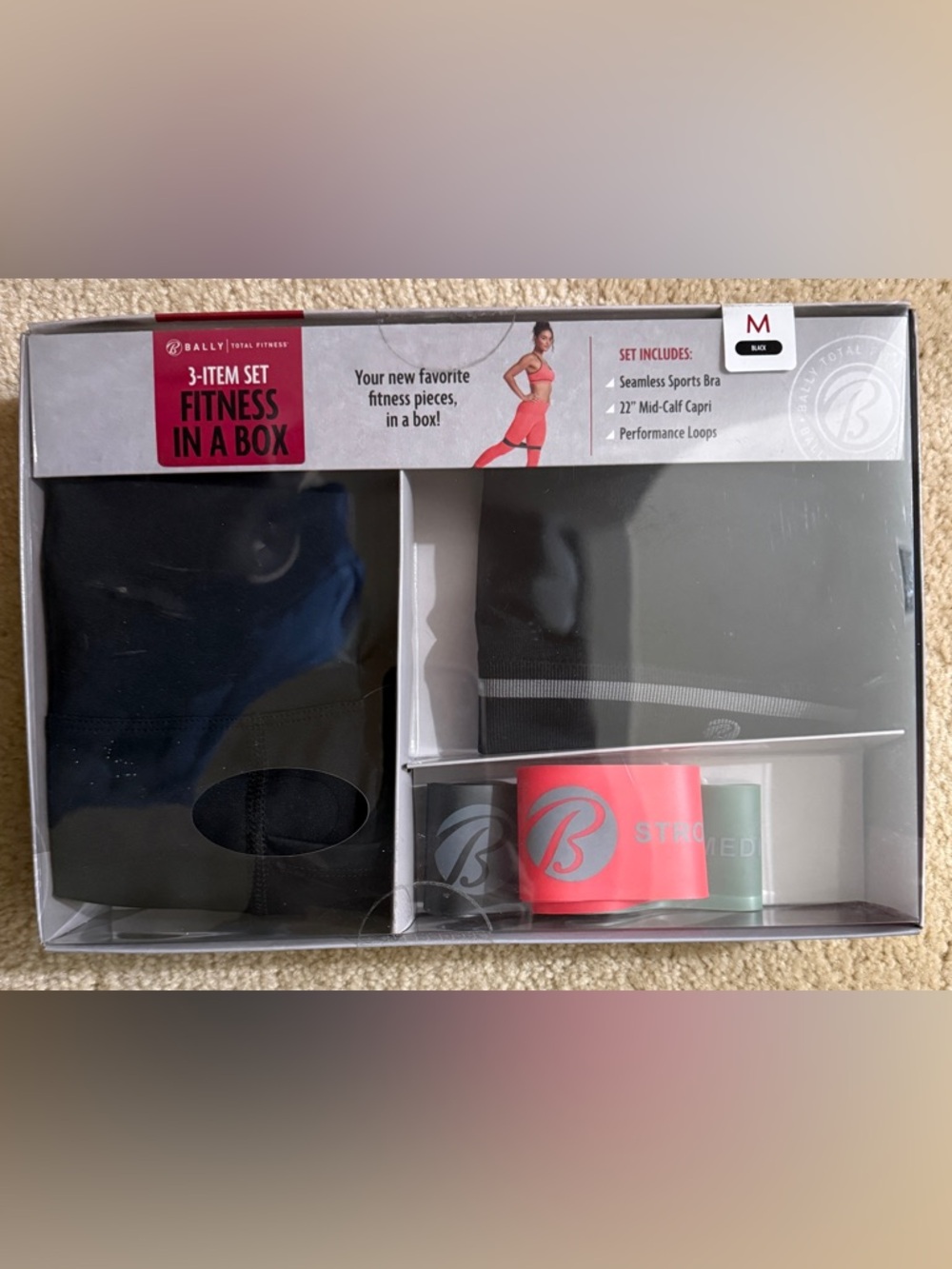 New in Box Bally Total Fitness fitness in a box 3 items set size medium black